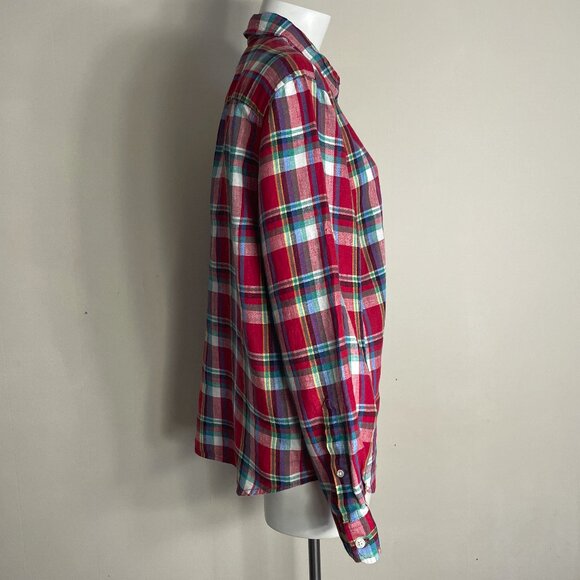 Lauren Ralph Lauren Shirt Women Sz Large 100% Linen Red Plaid Button Up Roll Tab - Picture 6 of 16